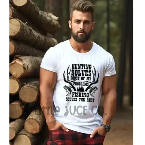 Hunting & Fishing Solves My Problems T-Shirt in vintage white & olive color - Picture 1 of 2